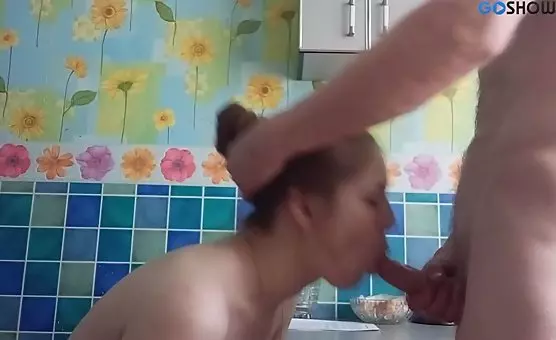 Sucking Off in the Kitchen A Couple Gets Horny and Blows it Up